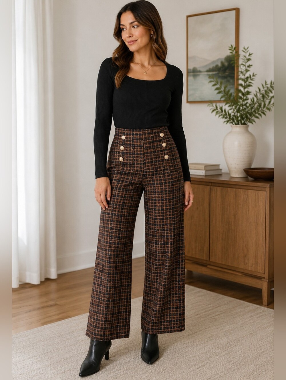 High-Waist Plaid Wide-Leg Pants with Gold Buttons - Brown/Black